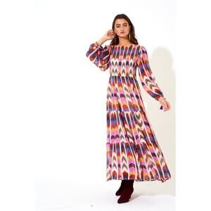 Oliphant Milano Smocked Maxi Dress Colorful Geometric Print Long Sleeve SMALL